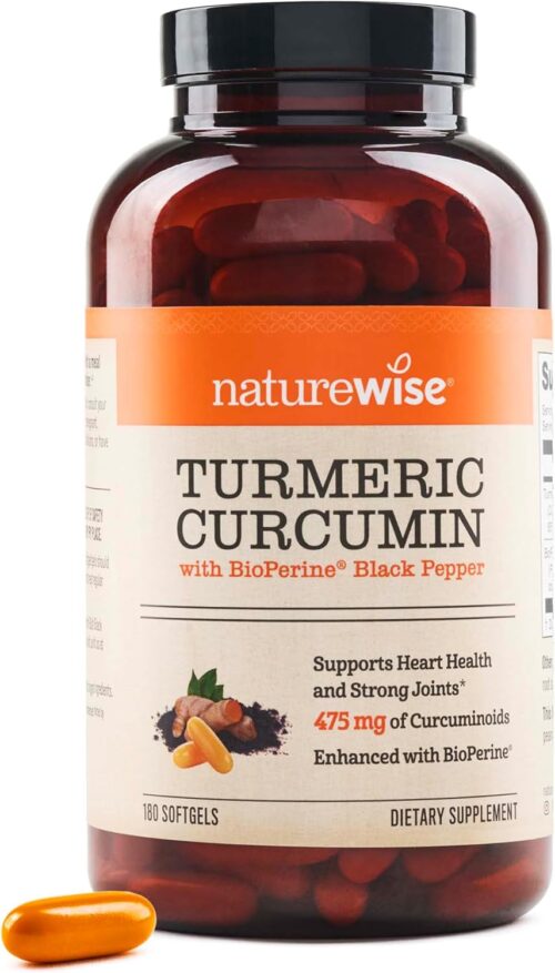 NatureWise Turmeric Curcumin 500mg with Black Pepper Softgels – Extra Strength, Enhanced Absorption – 95% Curcuminoids & BioPerine for Immune Support – Gluten-Free, Non-GMO – 180 Count[6-Month Supply]