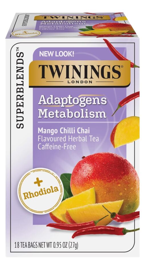 Twinings Superblends Adaptogens Metabolism with Rhodiola, Mango Chili Chai Herbal Tea Caffeine-Free, 18 Tea Bags (Pack of 6), Enjoy Hot or Iced
