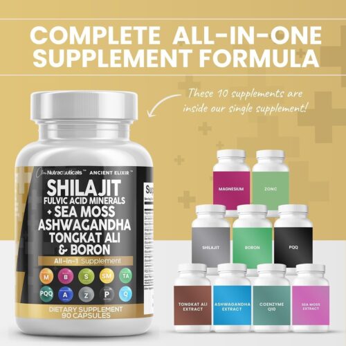 Clean Nutraceuticals Shilajit Supplement for Men with Sea Moss, Tongkat Ali, Ashwagandha, Boron, Zinc, CoQ10, PQQ – Fulvic Acid Capsules – Energy Support – 90 Count – Resin, Gummy & Powder Alternative