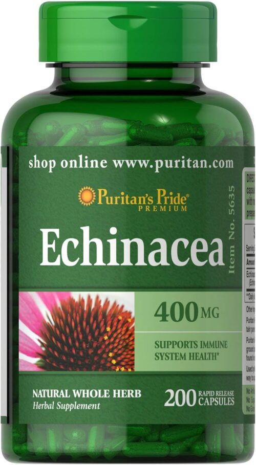 Puritan’s Pride Premium Echinacea Natural Whole Herb Herbal Supplement 400mg, Dietary Supplement for Health, Immune System Support, 200 Rapid Release Capsules