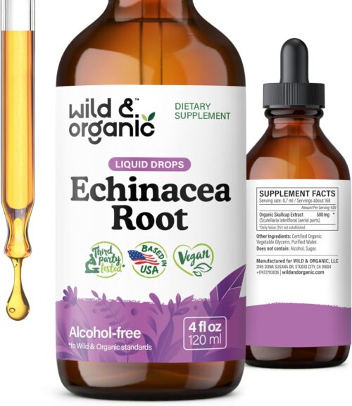 Wild & Organic Echinacea Drops – Immune Support Supplement with Echinacea Angustifolia – Liquid Root Extract Tincture – Vegan, Sugar & Alcohol-Free – 4 fl oz