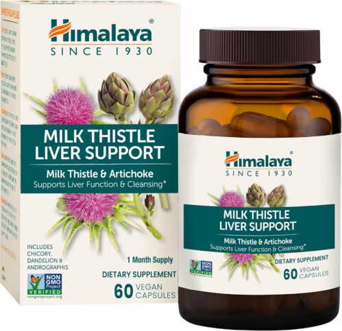 Himalaya Milk Thistle Liver Support Capsules, 60 Count, Silymarin Milk Thistle 350 mg, with Artichoke, Chicory, Andrographis & Dandelion, Supports Liver Function & Cleansing