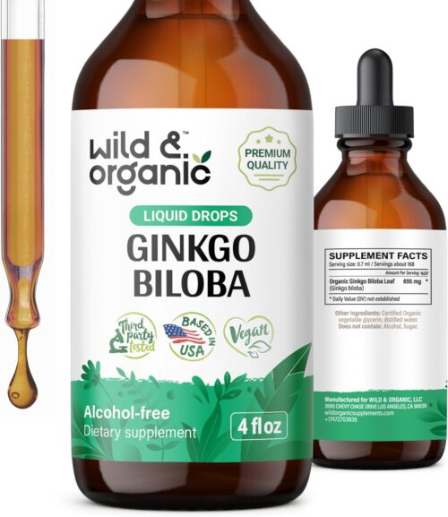 Wild & Organic Ginkgo Biloba Extract Drops – Brain & Focus Support – Liquid Ginkgo Biloba Supplements – Vegan, Sugar & Alcohol-Free Herbal Tincture – 4 fl oz