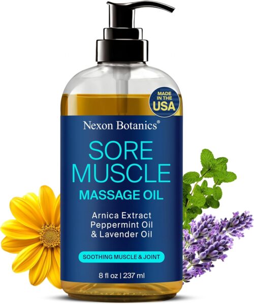 Sore Muscle Massage Oil 8 fl oz – Arnica Massage Oil for Therapy & Pain Relief – Peppermint & Lavender for Body & Muscle Relaxation – Nexon Botanics