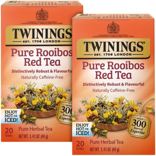 Twinings Pure Rooibos Red Tea – A Naturally Sweet and Tangy Red Tea, Caffeine-Free Herbal Tea Bags, Individually Wrapped, 20 Count (Pack of 2)