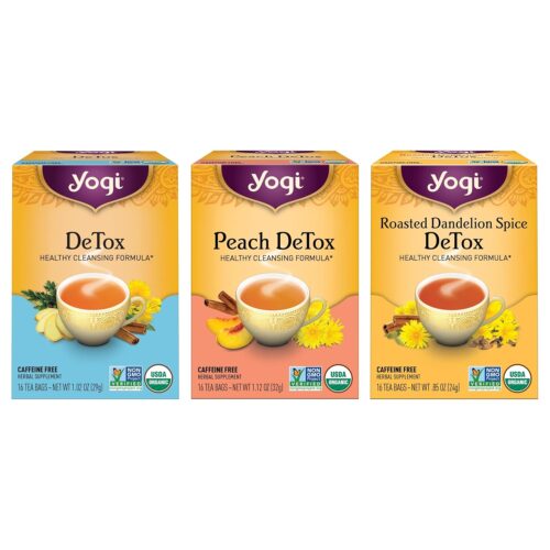 Yogi Tea Herbal DeTox Variety Sampler – 16 Bags per Pack (3 Packs) – Organic Sampler – Includes Peach & Original DeTox Teas & Roasted Dandelion Spice