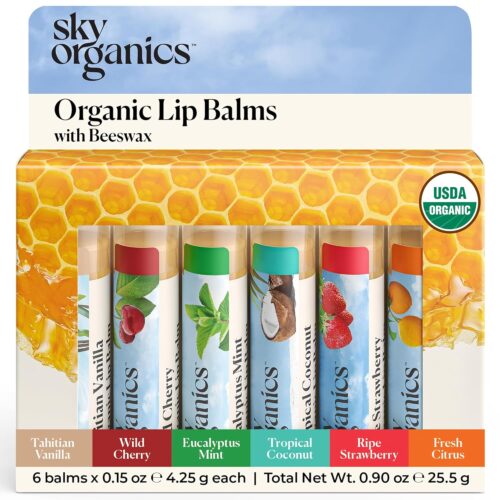 Sky Organics – Organic Lip Balm Set (6-Pack) – Organic Beeswax, Botanical Oils & Extracts – Vitamin E & Organic Natural Flavors – Beauty Gift Set – All Skin Types & Cruelty Free – Lip Care & Self Care