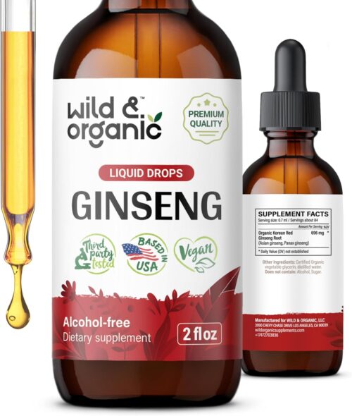 Wild & Organic Korean Red Ginseng Extract Drops – Panax Ginseng Supplement for Immune Support – Liquid Root Tincture for Overall Well-Being – Vegan, Sugar & Alcohol-Free – 2 fl oz