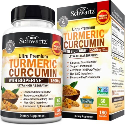 Turmeric Curcumin with Black Pepper Extract 1500mg – High Absorption Ultra Potent Turmeric Supplement with 95% Curcuminoids and BioPerine – Non GMO Tumeric Capsules for Joint Support – 180 Capsules