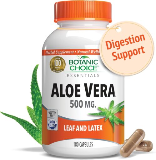 Aloe Vera- Leaf and Latex, Digestive, Liver, Stomach health-Contains Amino Acids, Vitamins, Minerals, Enzymes- 500mg-Gluten Free, Non-GMO-180 capsules