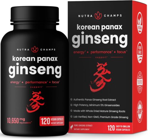 NutraChamps Korean Red Panax Ginseng Capsules | Extra Strength Ginsenosides for Energy, Focus, Performance, Vitality & Immune Support | Korean Ginseng Root Extract (120, Red)