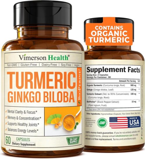 Turmeric Curcumin with Black Pepper and Ginkgo Biloba supplements. Natural Turmeric Supplement with Organic Tumeric to aid Joint Health, Brain Clarity, Focus, Memory, and Concentration. Vegan. 60 Caps