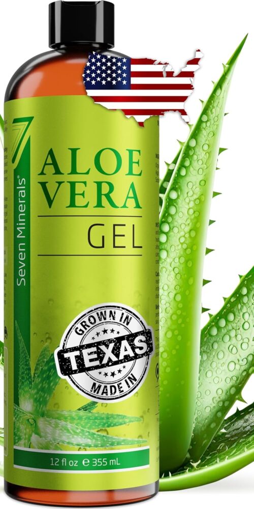 Seven Minerals Organic Aloe Vera Gel from freshly cut 100% Pure Aloe – Big 12oz – HighestQuality, Texas grown, Vegan, Unscented – For Face, Skin, Hair, Sunburn relief