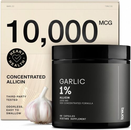 Odorless Garlic Pills with 10,000mcg Allicin – 50:1 Extract for Maximum Potency – High Strength Garlic Supplements – Third-Party Lab Tested – 60 Capsules