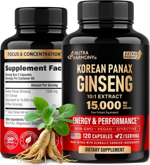 Panax Ginseng 15,000 mg – Red Korean Ginseng Supplement for Men – Extra Strength 10:1 Extract – Energy, Focus, Productivity & Performance – Natural & Vegan – Made in USA – 120 Capsules, 2 Month Supply