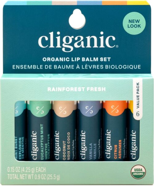 Cliganic USDA Organic Lip Balm Set – 6 Flavors – 100% Natural Moisturizer for Cracked & Dry Lips (Packaging May Vary)