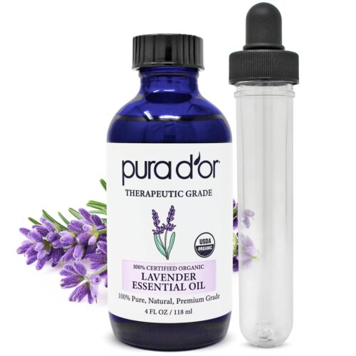 PURA D’OR Organic Lavender Essential Oil (4oz with Glass Dropper) 100% Pure & Natural Therapeutic Grade for Hair, Body, Skin, Aromatherapy Diffuser, Relaxation, Meditation, Massage, Home, DIY Soap