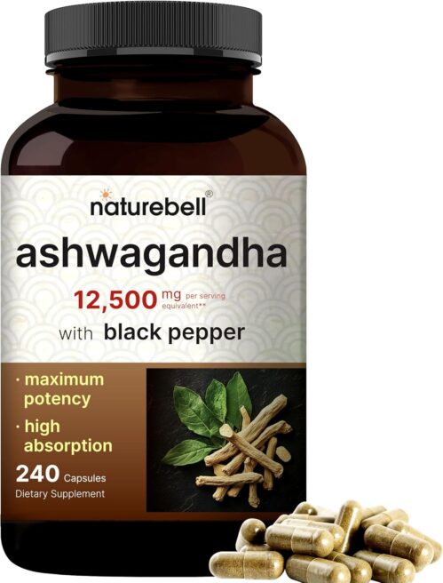 NatureBell Ashwagandha 12,500 mg Equivalent with Black Pepper, 240 Capsules | High Absorption Complex – Extra Strength 25:1 Root Extract – Adaptogens Supplements for Relaxation – Non-GMO
