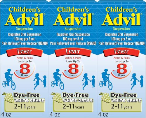 Advil Children’s Pain Reliever and Fever Reducer, Dye Free Children’s Ibuprofen for Pain Relief, Liquid Ibuprofen for Children, White Grape – 4 Fl Oz (Pack of 3)